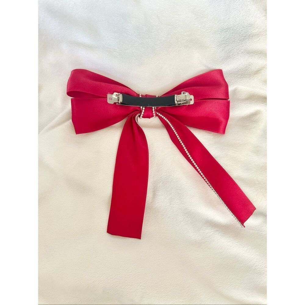Christmas holiday red satin bow with rhinestone trim - with Barrett clip close - - Picture 4 of 4